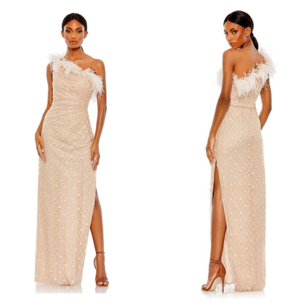 Mac Duggal 68139 One Shoulder Feather Evening Dress Rose Size 12 NWT